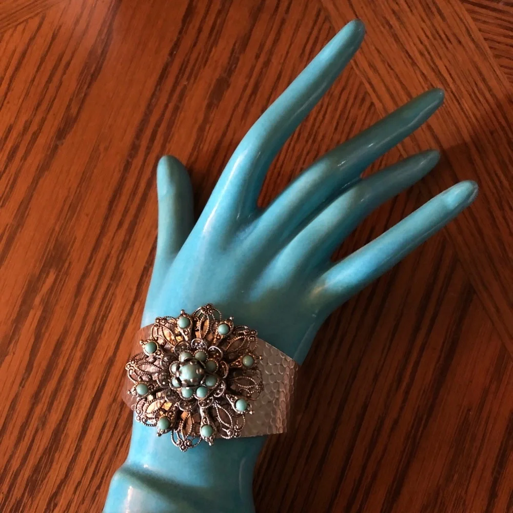Vintage Turquoise Bead Hammered Cuff Bracelet